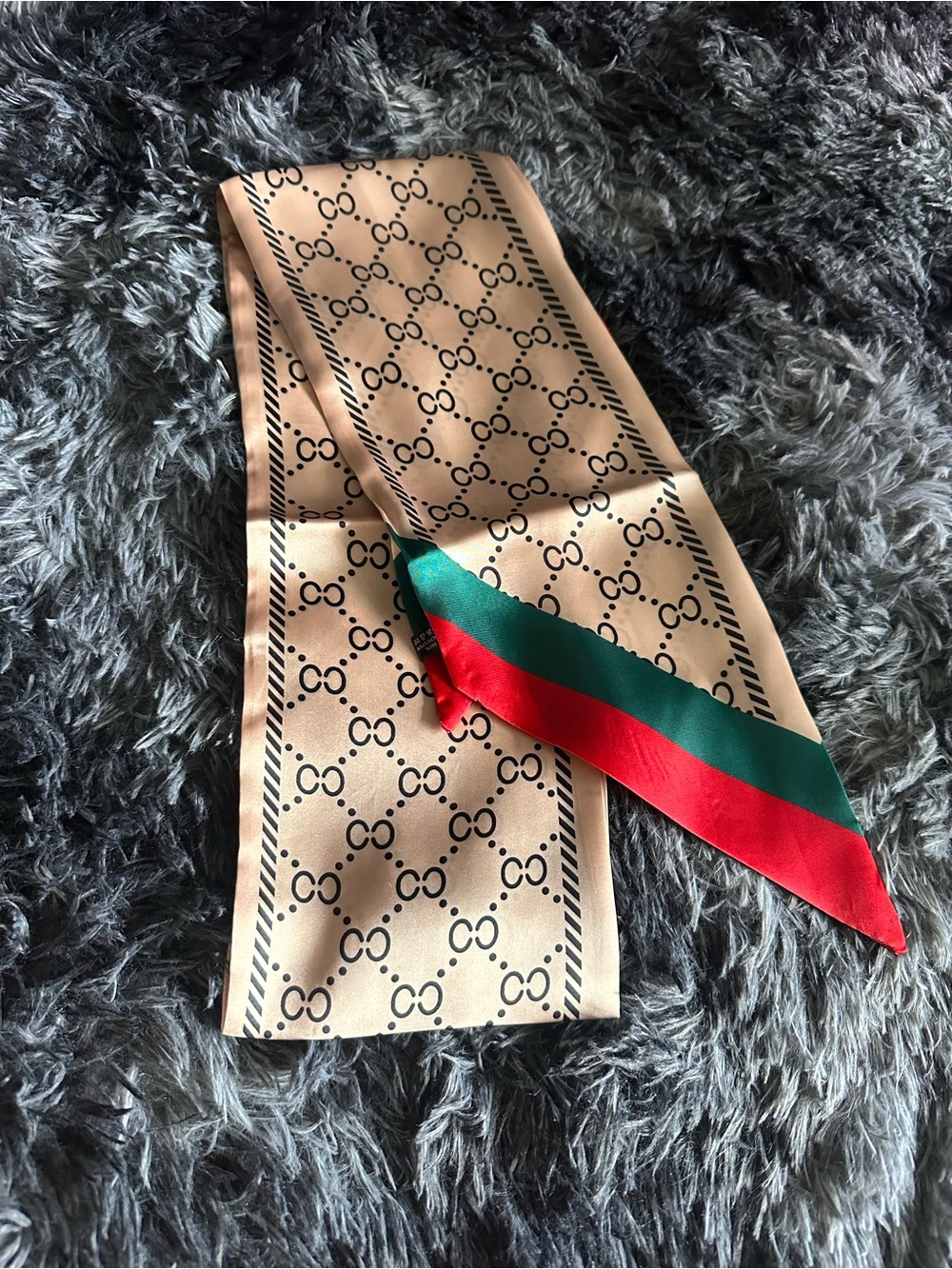 Beige Silk-Feel Printed Scarf with Red and Green Accent